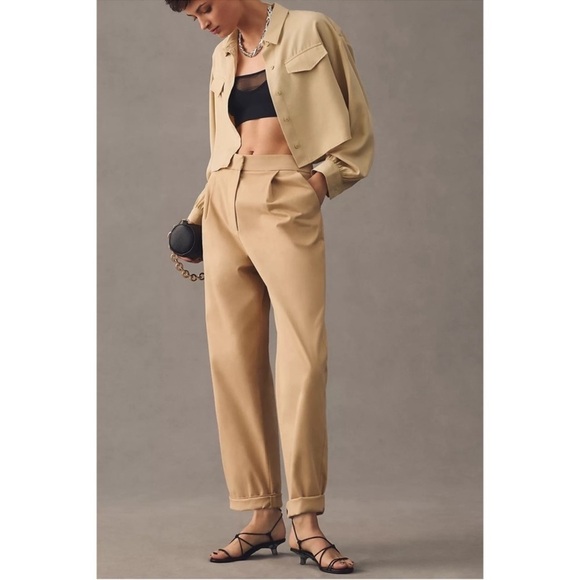 ANTHROPOLOGIE Pleated Rolled Hem Chinos Trouser Pants Tan Cedar Exquise M XL NWT - Picture 2 of 10